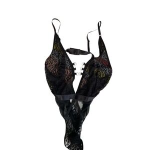 Shirley Hollywood Black‎ Teddy XL Sheer Leopard Mesh Fairy Goth *missing tie*